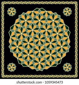 Mandala. Circular ornament. Design for print on silk neck scarf, kerchief, pillow, bandana, carpet.