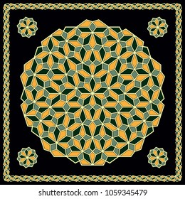 Mandala. Circular ornament. Design for print on silk neck scarf, kerchief, pillow, bandana, carpet.