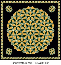 Mandala. Circular ornament. Design for print on silk neck scarf, kerchief, pillow, bandana, carpet.