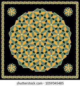 Mandala. Circular ornament. Design for print on silk neck scarf, kerchief, pillow, bandana, carpet.