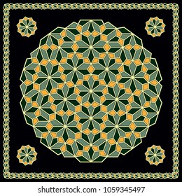 Mandala. Circular ornament. Design for print on silk neck scarf, kerchief, pillow, bandana, carpet.