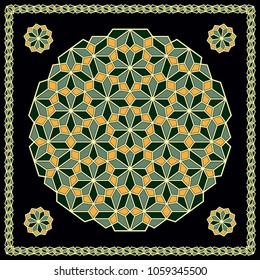 Mandala. Circular ornament. Design for print on silk neck scarf, kerchief, pillow, bandana, carpet.