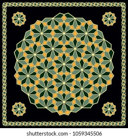 Mandala. Circular ornament. Design for print on silk neck scarf, kerchief, pillow, bandana, carpet.