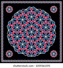 Mandala. Circular ornament. Design for print on silk neck scarf, kerchief, pillow, bandana, carpet.