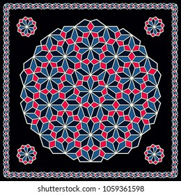 Mandala. Circular ornament. Design for print on silk neck scarf, kerchief, pillow, bandana, carpet.