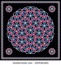 Mandala. Circular ornament. Design for print on silk neck scarf, kerchief, pillow, bandana, carpet.