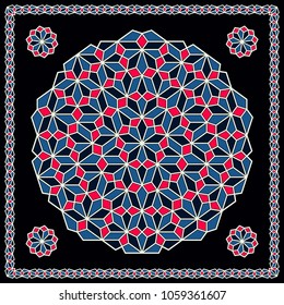 Mandala. Circular ornament. Design for print on silk neck scarf, kerchief, pillow, bandana, carpet.