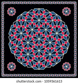 Mandala. Circular ornament. Design for print on silk neck scarf, kerchief, pillow, bandana, carpet.