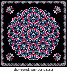 Mandala. Circular ornament. Design for print on silk neck scarf, kerchief, pillow, bandana, carpet.