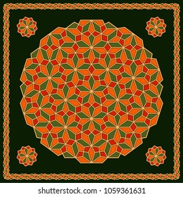 Mandala. Circular ornament. Design for print on silk neck scarf, kerchief, pillow, bandana, carpet.