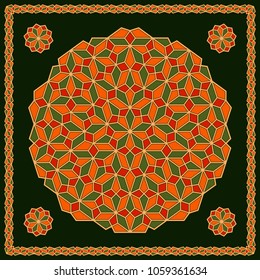 Mandala. Circular ornament. Design for print on silk neck scarf, kerchief, pillow, bandana, carpet.