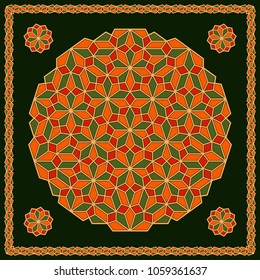 Mandala. Circular ornament. Design for print on silk neck scarf, kerchief, pillow, bandana, carpet.