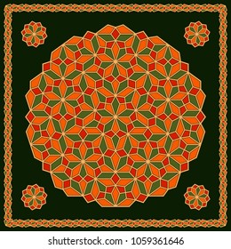 Mandala. Circular ornament. Design for print on silk neck scarf, kerchief, pillow, bandana, carpet.