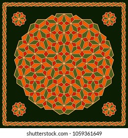 Mandala. Circular ornament. Design for print on silk neck scarf, kerchief, pillow, bandana, carpet.