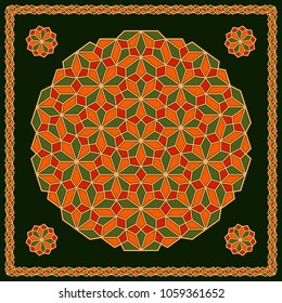 Mandala. Circular ornament. Design for print on silk neck scarf, kerchief, pillow, bandana, carpet.