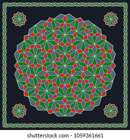 Mandala. Circular ornament. Design for print on silk neck scarf, kerchief, pillow, bandana, carpet.