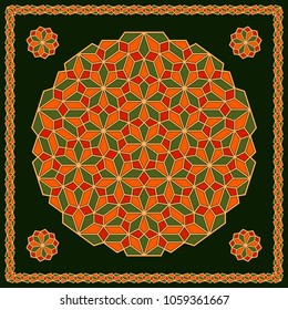 Mandala. Circular ornament. Design for print on silk neck scarf, kerchief, pillow, bandana, carpet.