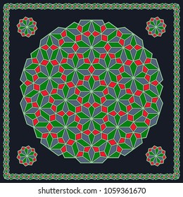 Mandala. Circular ornament. Design for print on silk neck scarf, kerchief, pillow, bandana, carpet.