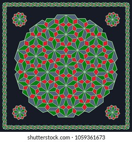 Mandala. Circular ornament. Design for print on silk neck scarf, kerchief, pillow, bandana, carpet.