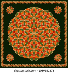 Mandala. Circular ornament. Design for print on silk neck scarf, kerchief, pillow, bandana, carpet.