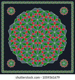 Mandala. Circular ornament. Design for print on silk neck scarf, kerchief, pillow, bandana, carpet.