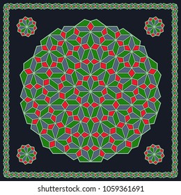 Mandala. Circular ornament. Design for print on silk neck scarf, kerchief, pillow, bandana, carpet.