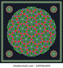 Mandala. Circular ornament. Design for print on silk neck scarf, kerchief, pillow, bandana, carpet.