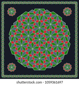 Mandala. Circular ornament. Design for print on silk neck scarf, kerchief, pillow, bandana, carpet.