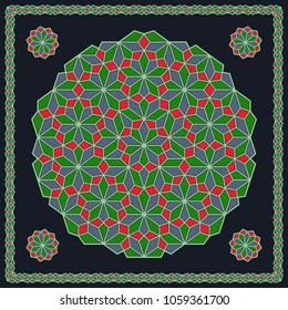 Mandala. Circular ornament. Design for print on silk neck scarf, kerchief, pillow, bandana, carpet.