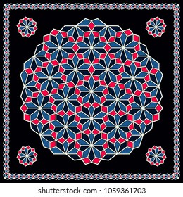 Mandala. Circular ornament. Design for print on silk neck scarf, kerchief, pillow, bandana, carpet.