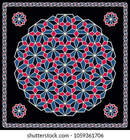 Mandala. Circular ornament. Design for print on silk neck scarf, kerchief, pillow, bandana, carpet.