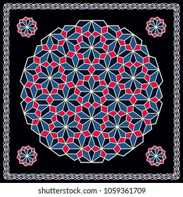 Mandala. Circular ornament. Design for print on silk neck scarf, kerchief, pillow, bandana, carpet.