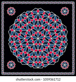 Mandala. Circular ornament. Design for print on silk neck scarf, kerchief, pillow, bandana, carpet.