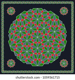 Mandala. Circular ornament. Design for print on silk neck scarf, kerchief, pillow, bandana, carpet.