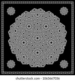 Mandala. Circular ornament. Design for print on silk neck scarf, kerchief, pillow, bandana, carpet.