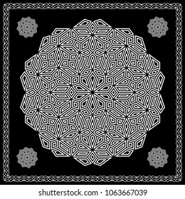 Mandala. Circular ornament. Design for print on silk neck scarf, kerchief, pillow, bandana, carpet.