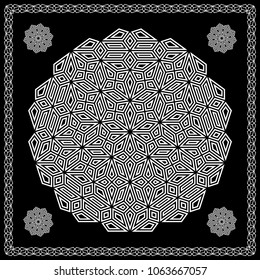 Mandala. Circular ornament. Design for print on silk neck scarf, kerchief, pillow, bandana, carpet.