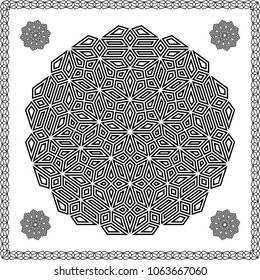 Mandala. Circular ornament. Design for print on silk neck scarf, kerchief, pillow, bandana, carpet.