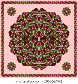 Mandala. Circular ornament. Design for print on silk neck scarf, kerchief, pillow, bandana, carpet.