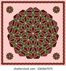 Mandala. Circular ornament. Design for print on silk neck scarf, kerchief, pillow, bandana, carpet.