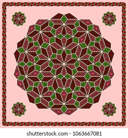 Mandala. Circular ornament. Design for print on silk neck scarf, kerchief, pillow, bandana, carpet.