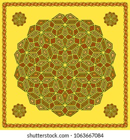 Mandala. Circular ornament. Design for print on silk neck scarf, kerchief, pillow, bandana, carpet.