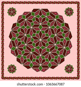 Mandala. Circular ornament. Design for print on silk neck scarf, kerchief, pillow, bandana, carpet.