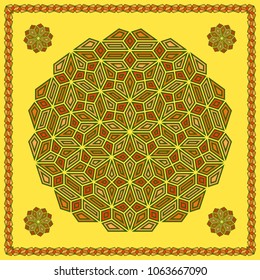 Mandala. Circular ornament. Design for print on silk neck scarf, kerchief, pillow, bandana, carpet.