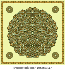 Mandala. Circular ornament. Design for print on silk neck scarf, kerchief, pillow, bandana, carpet.