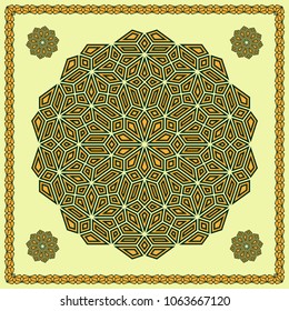 Mandala. Circular ornament. Design for print on silk neck scarf, kerchief, pillow, bandana, carpet.