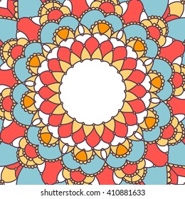 Mandala, circular ornament, multi-colored abstract illustration, greeting card with knitted pattern, knitted cloth