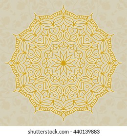 Mandala. Circular ornament on a beige background. Handmade drawing. Arabic, Oriental, Indian decorative element.