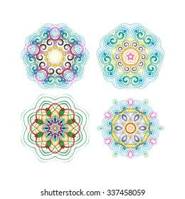 Mandala / circular pattern. A pattern from color spirals for your designs. Spirals and patten elements of red, blue and green color. Vector pattern. Set of circular patterns.