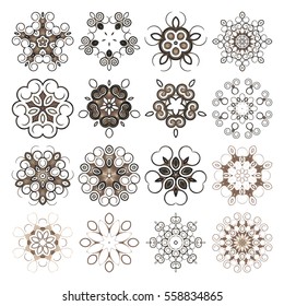 Mandala. The circular pattern. Flower style. Set of 16 abstract design element. Graphic template for your design. Monochrome image. Decorative retro ornament
